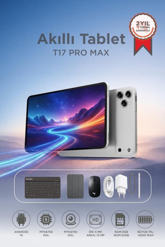 Android Tablet Kalem Klavye Mouse Full Set SIM Kartlı BTK Kayıtlı 10.1 İnç T17 Pro Max Gümüş