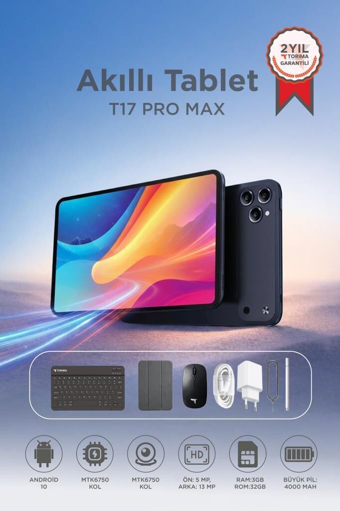 Android Tablet Kalem Klavye Mouse Full Set SIM Kartlı BTK Kayıtlı 10.1 İnç T17 Pro Max Koyu Mavi