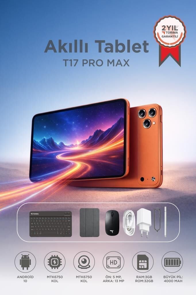 Android Tablet Kalem Klavye Mouse Full Set SIM Kartlı BTK Kayıtlı 10.1 İnç T17 Pro Max Turuncu
