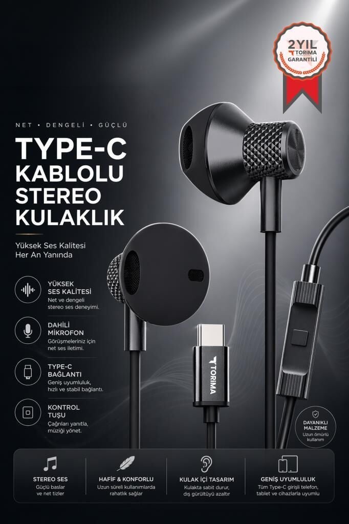 Kablolu Kulaklık Type-C Girişli Kulak İçi Kulaklık TC05 Siyah