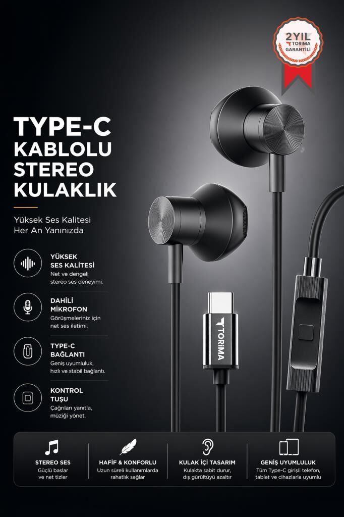 Torima Kablolu Kulaklık Type-C Girişli Kulak İçi Kulaklık TC06 Siyah